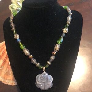 Unique Beaded Necklace with Blue Rose Pendant